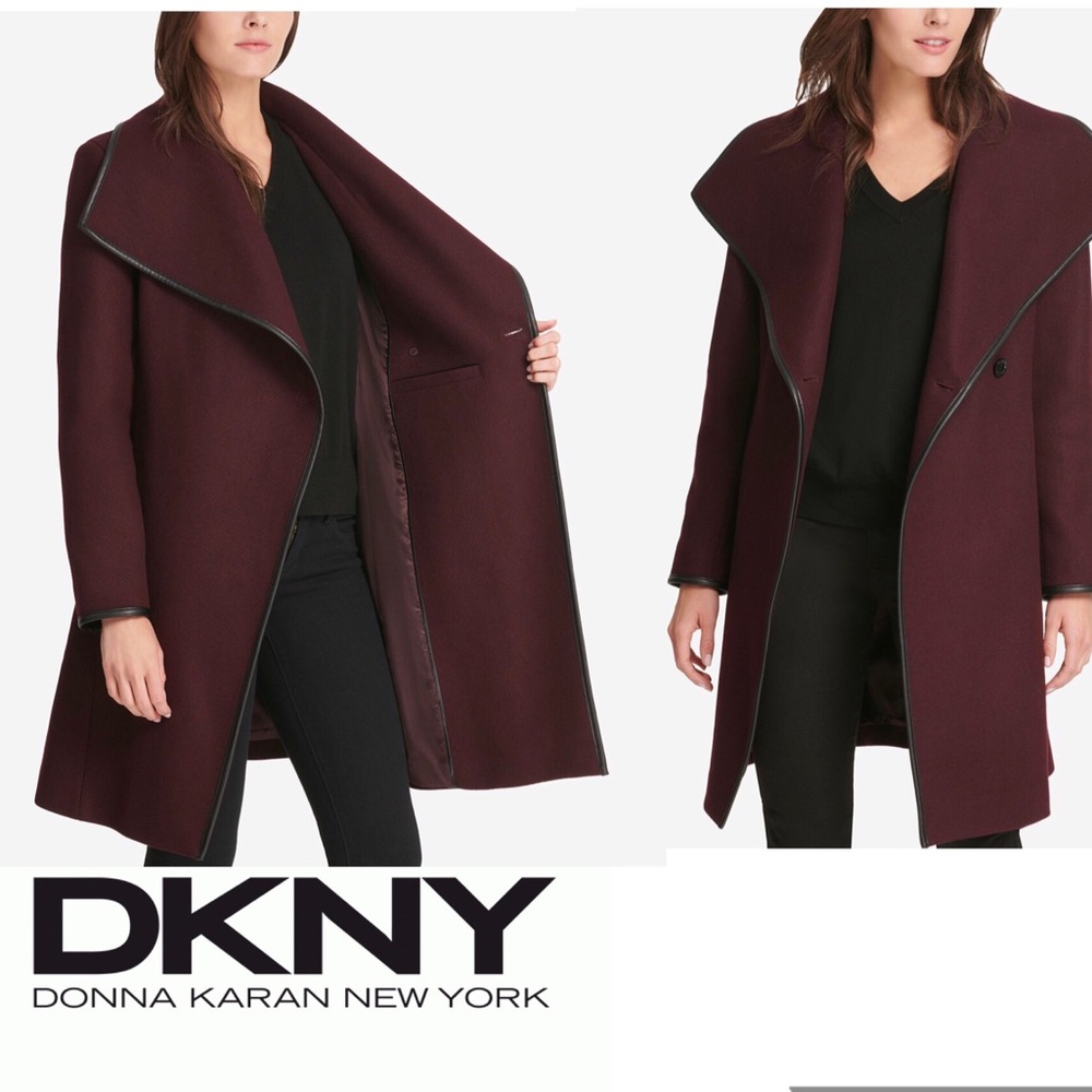 DKNY Faux-Leather-Trim Wrap Coat 🧥 in Bordeaux - Picture 8 of 17